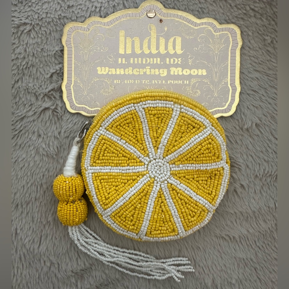 Made In India Wandering Moon Lemon Travel Beaded Pouch / Yellow Coin Purse